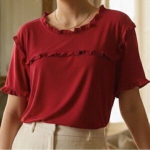 Karl Lagerfeld Paris "Paris Red" Ruffle Matte Jersey Blouse - Size medium